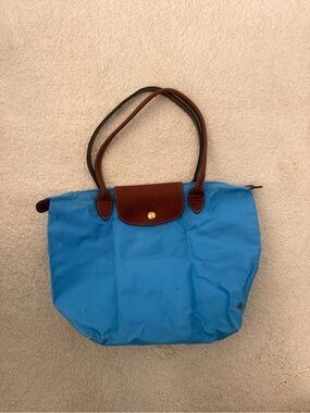 Longchamp Blue Nylon Tote with Brown Trim - Classic Everyday Shoulder Bag